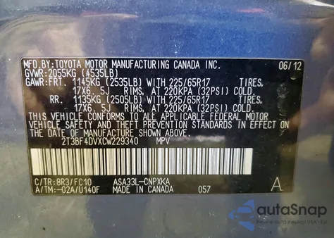 2012 Toyota Rav4 from USA, damaged, VIN 2T3BF4DVXCW229340